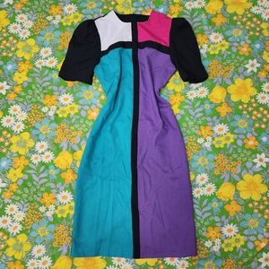 Vintage 80s Color Block Puff Sleeve Midi Dress
